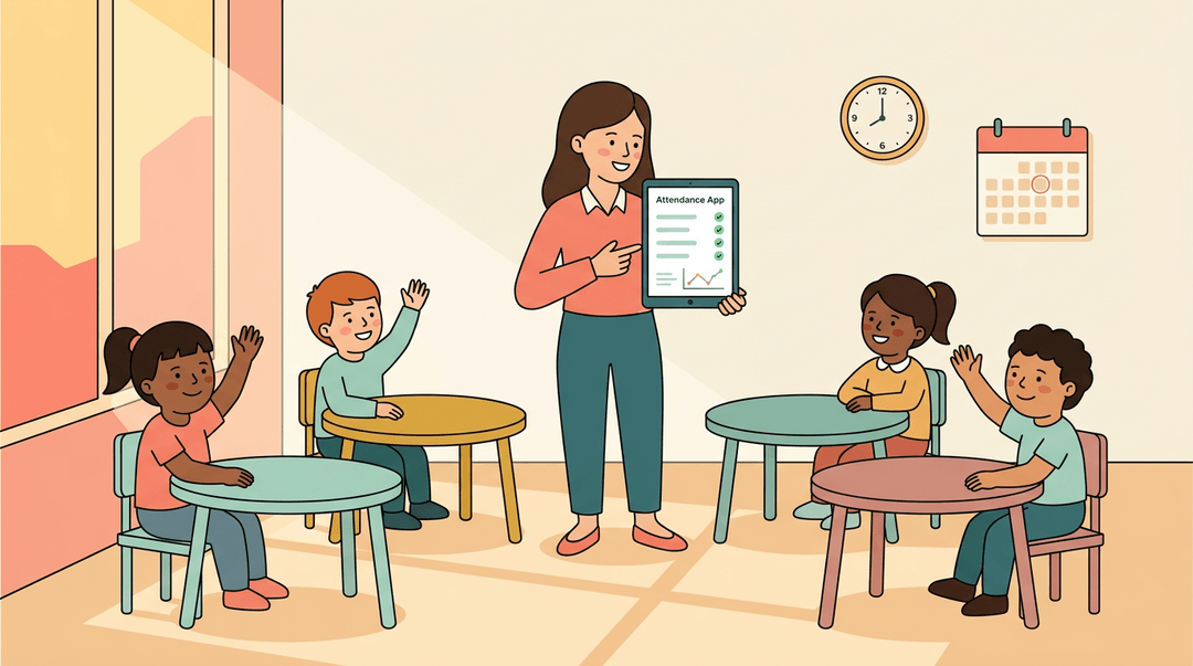 A teacher holds a tablet in a sunlit classroom where five smiling students sit at round desks.