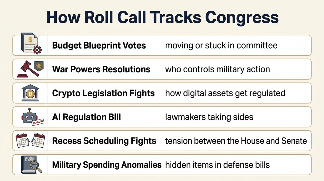 A legislative tracker with six rows, showing different aspects of how roll call tracks Congress, each with an icon and description.