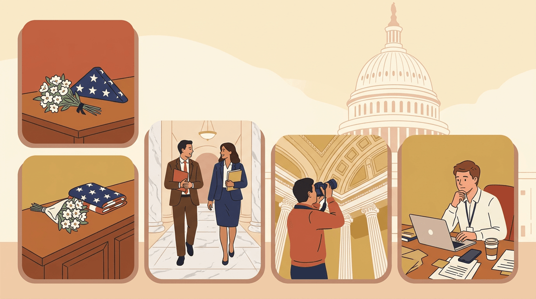 Four vignettes of daily life within the U.S. Capitol, including staffers, a photographer, and a tribute, over a Capitol dome background.