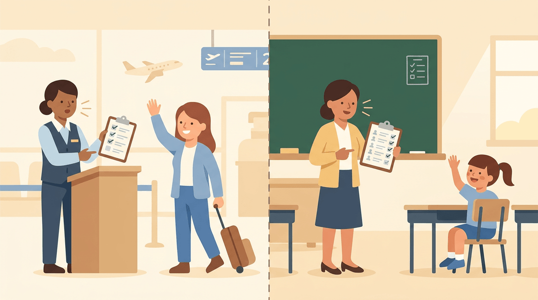 Two mirrored scenes show an airport agent and a teacher calling names, with a traveler and student raising hands.