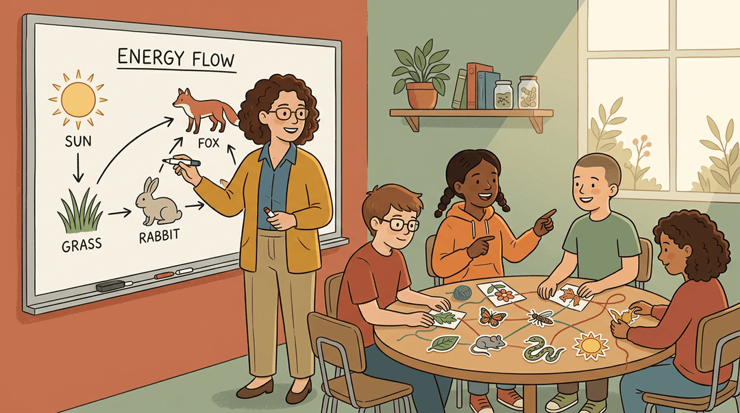 A teacher and students explore a food web on a whiteboard while arranging connected paper animals and plants at a table.
