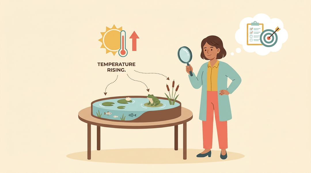 A teacher examines a pond diorama with a magnifying glass, analyzing how rising temperature affects the ecosystem while planning backward from assessment goals.