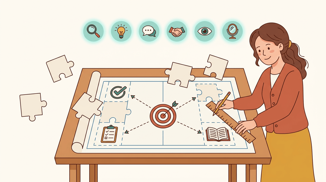 A teacher uses a blueprint to plan lessons, with puzzle pieces fitting into the framework and badges representing understanding facets.