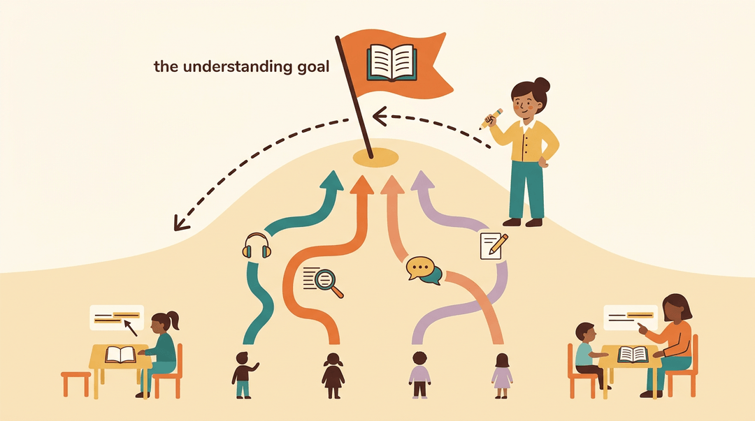 A teacher plans backward from a goal flag at the hilltop, while diverse students take various learning paths to reach it.