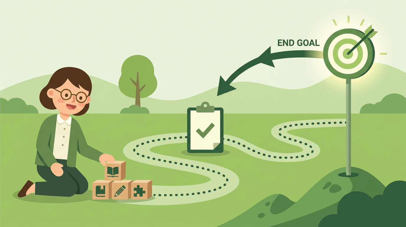 A teacher places learning blocks on a path leading to an end goal, illustrating backward design in curriculum planning.