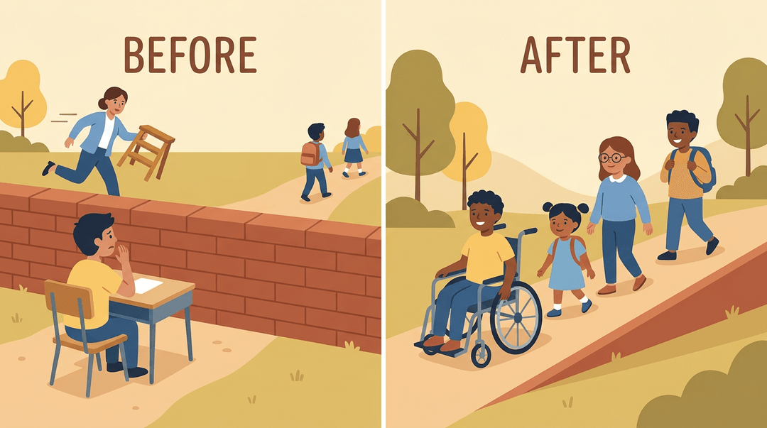 Two scenes showing educational accessibility; the left depicts a reactive fix, the right a proactive, inclusive solution.