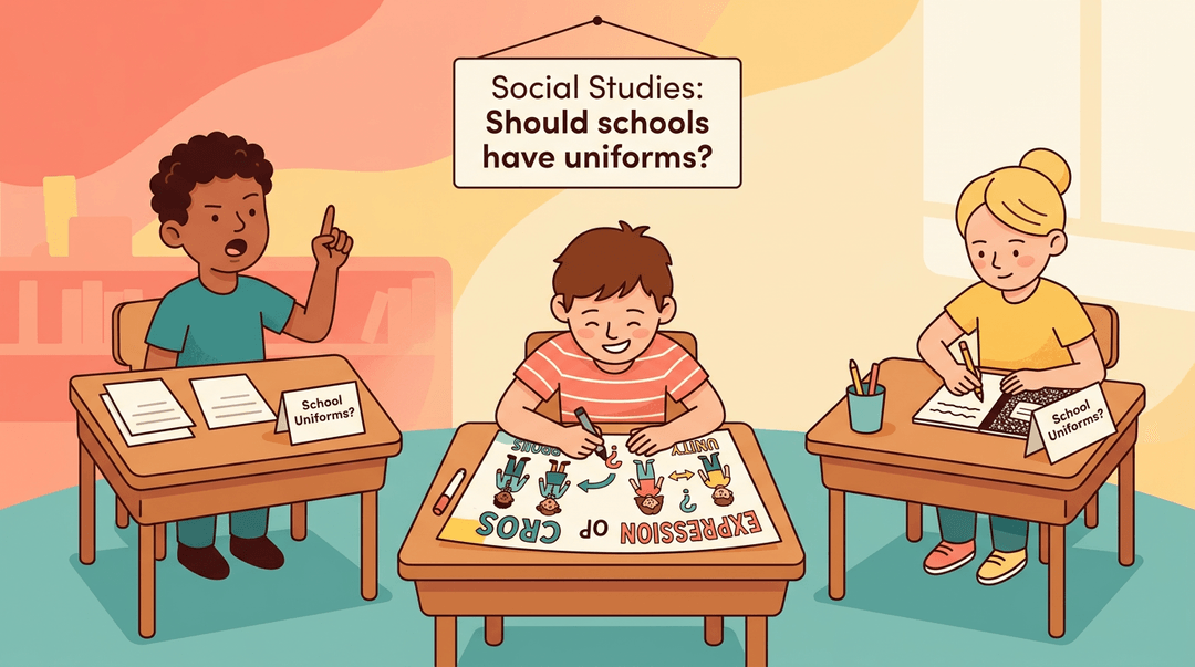 Three fifth-grade students work on a social studies assignment, debating, creating a poster, and writing notes.