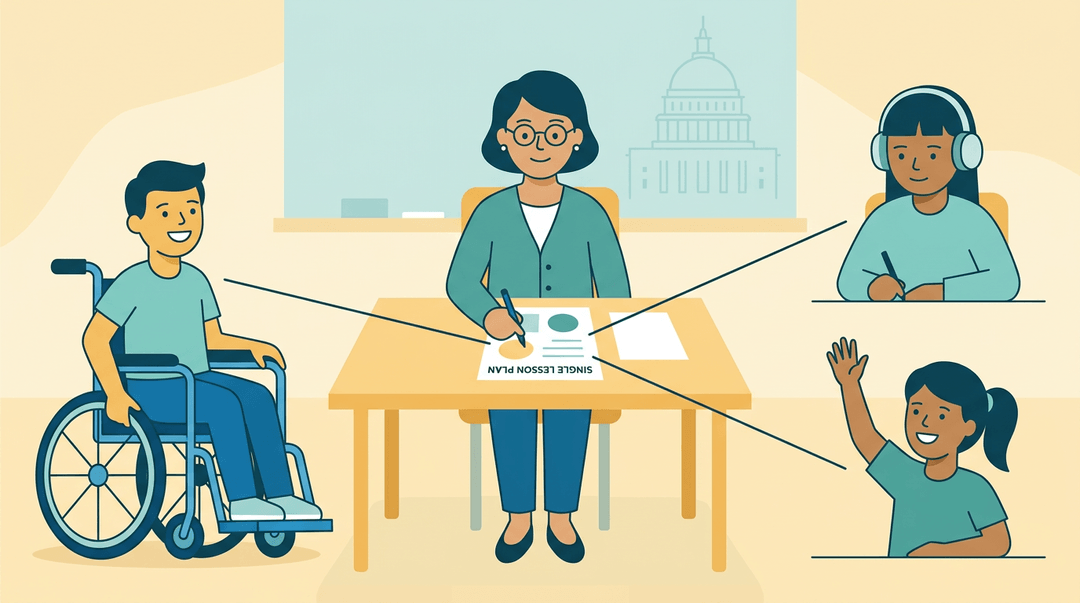 A teacher designs a lesson plan that radiates to a student in a wheelchair, a student with headphones, and an enthusiastic student.
