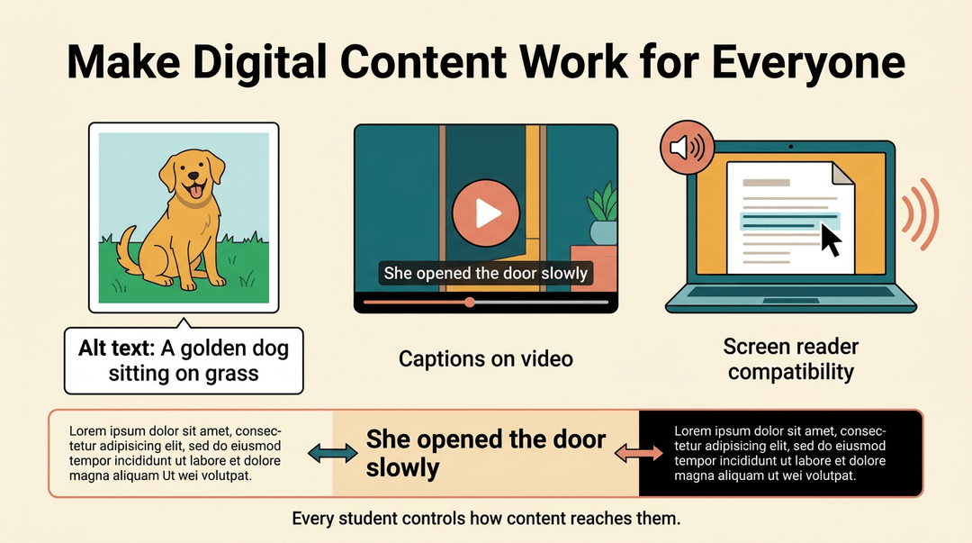Three columns show alt text for an image, captions on a video, and a screen reader; below, text displays in three accessible formats.