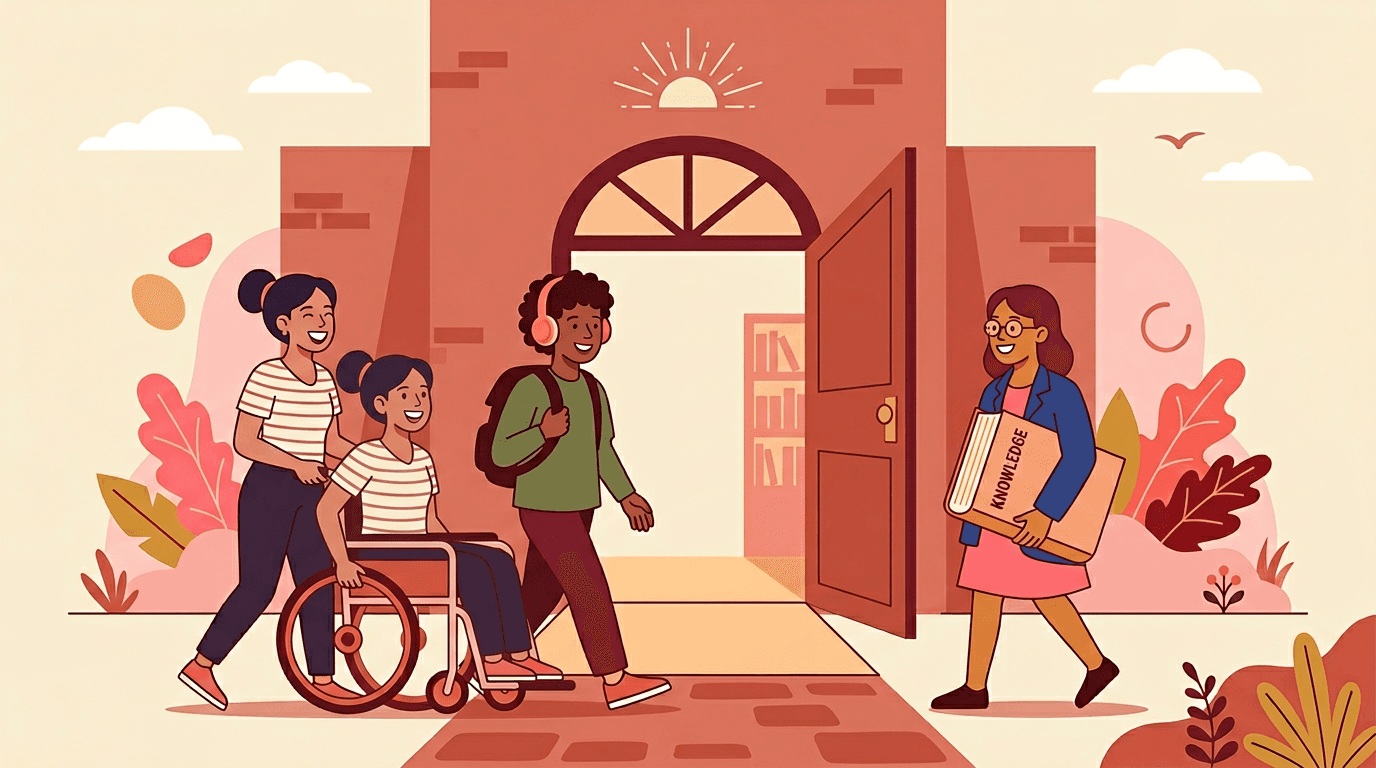 Three diverse students, including one in a wheelchair, approach a wide, welcoming doorway bathed in sunlight.