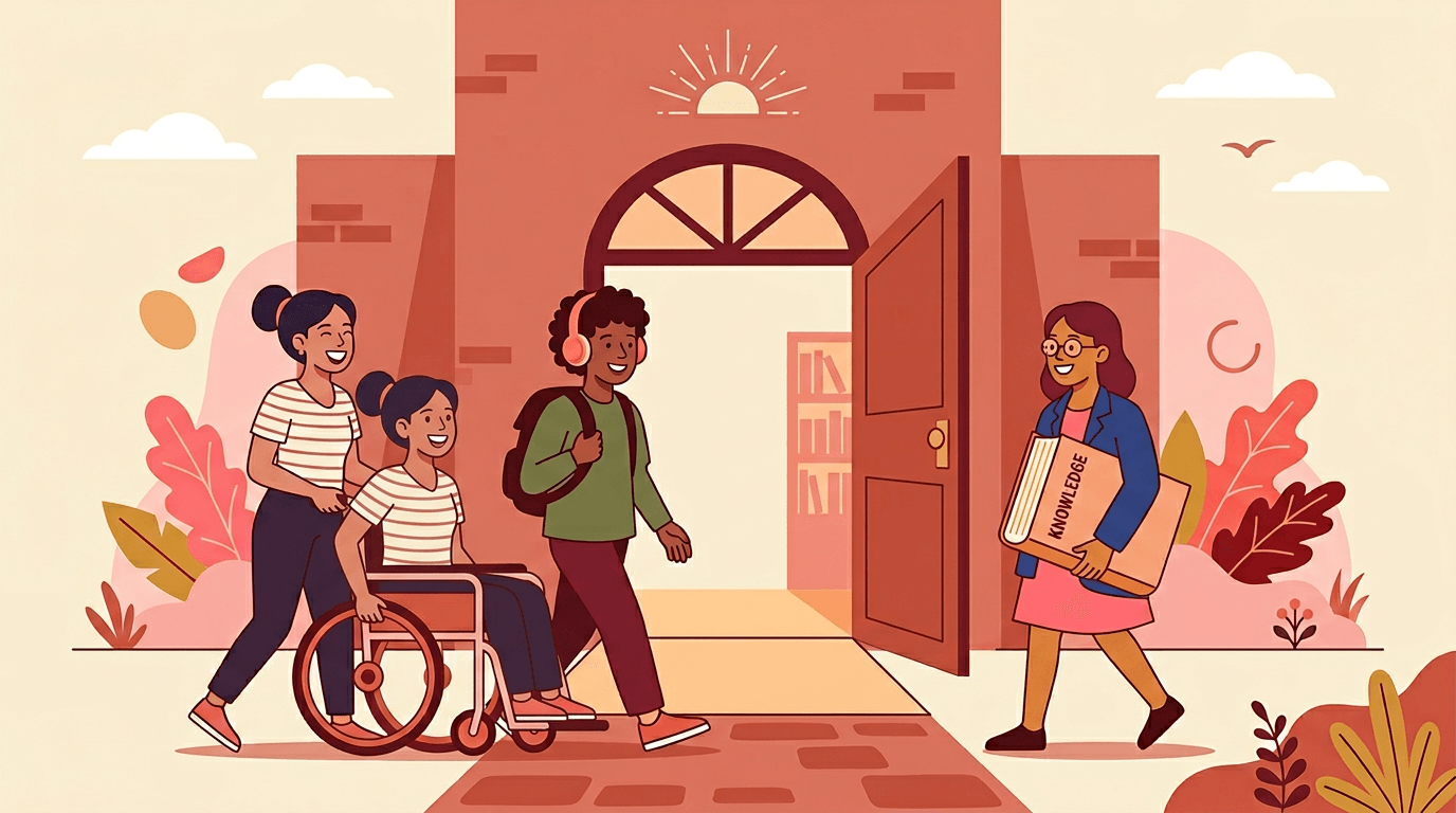 Three diverse students, including one in a wheelchair, approach a wide, welcoming doorway bathed in sunlight.