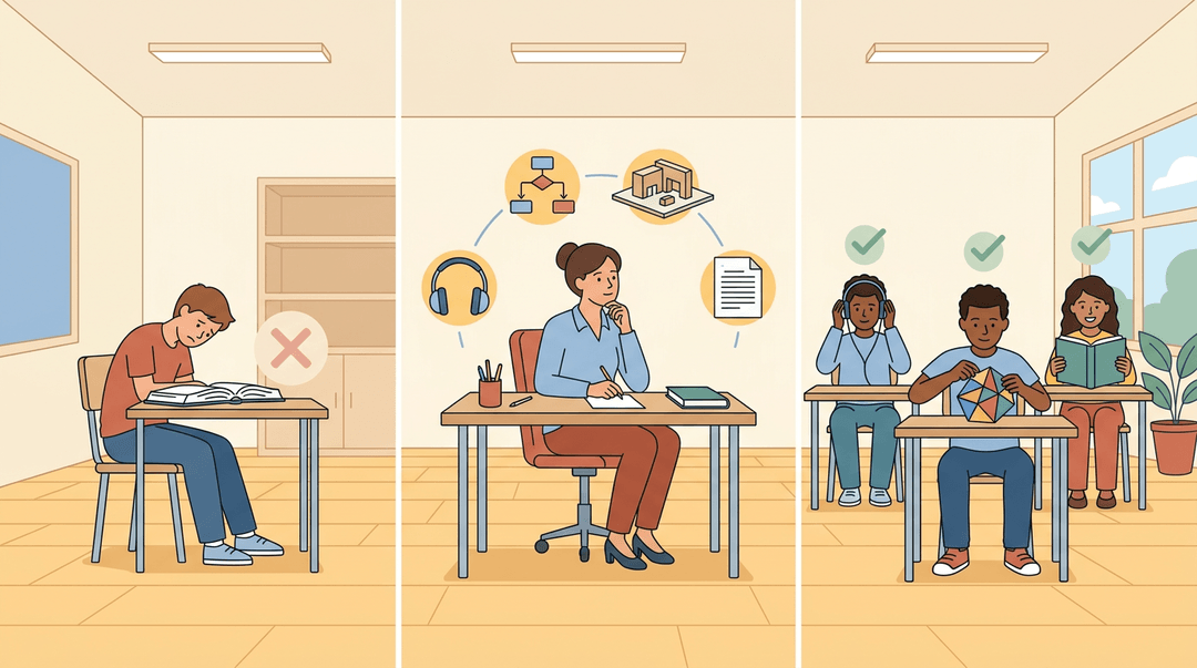 A triptych shows a frustrated student on the left, a teacher planning a UDL lesson in the middle, and three engaged students on the right.