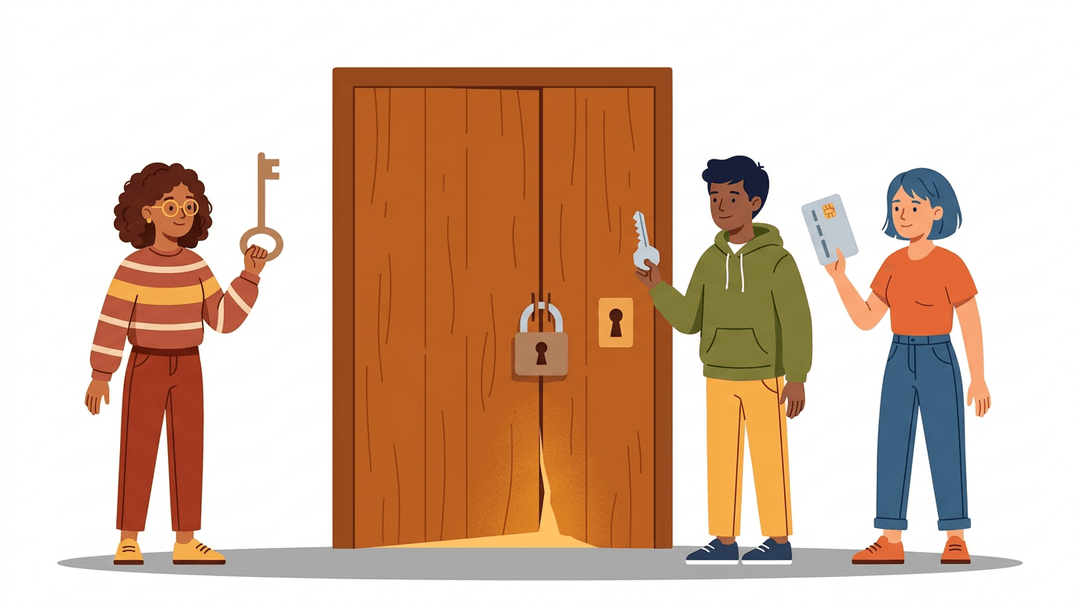 Three students, each with a unique key, stand calmly before a padlocked door, warm light emanating from beneath it.