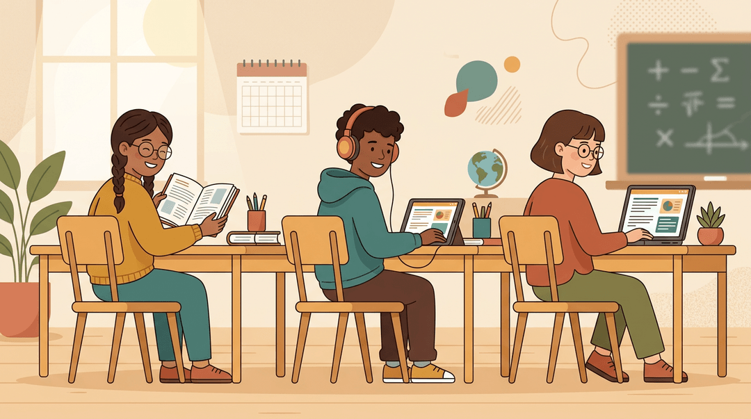 Three students engage with the same lesson content using different methods: print, audio, and large-print screen.