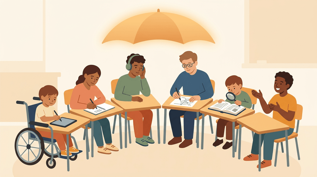 Six diverse students are engaged in different learning tasks under a shared, soft amber umbrella symbolizing unity and support.