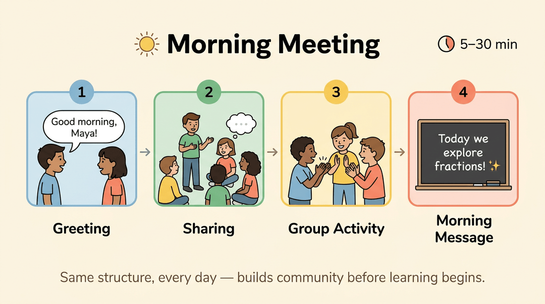 A four-panel graphic illustrates the components of a Morning Meeting: Greeting, Sharing, Group Activity, and Morning Message.