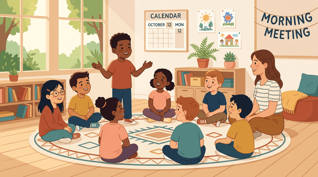 Diverse elementary students and a teacher sit in a circle on a rug; one child speaks expressively as others listen.