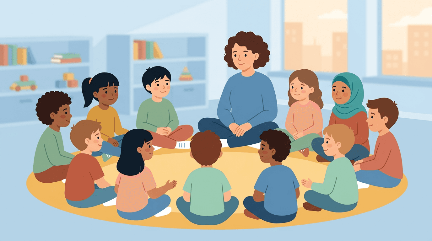 A diverse group of children and their teacher sit in a circle on a classroom floor, showing engagement and equality.