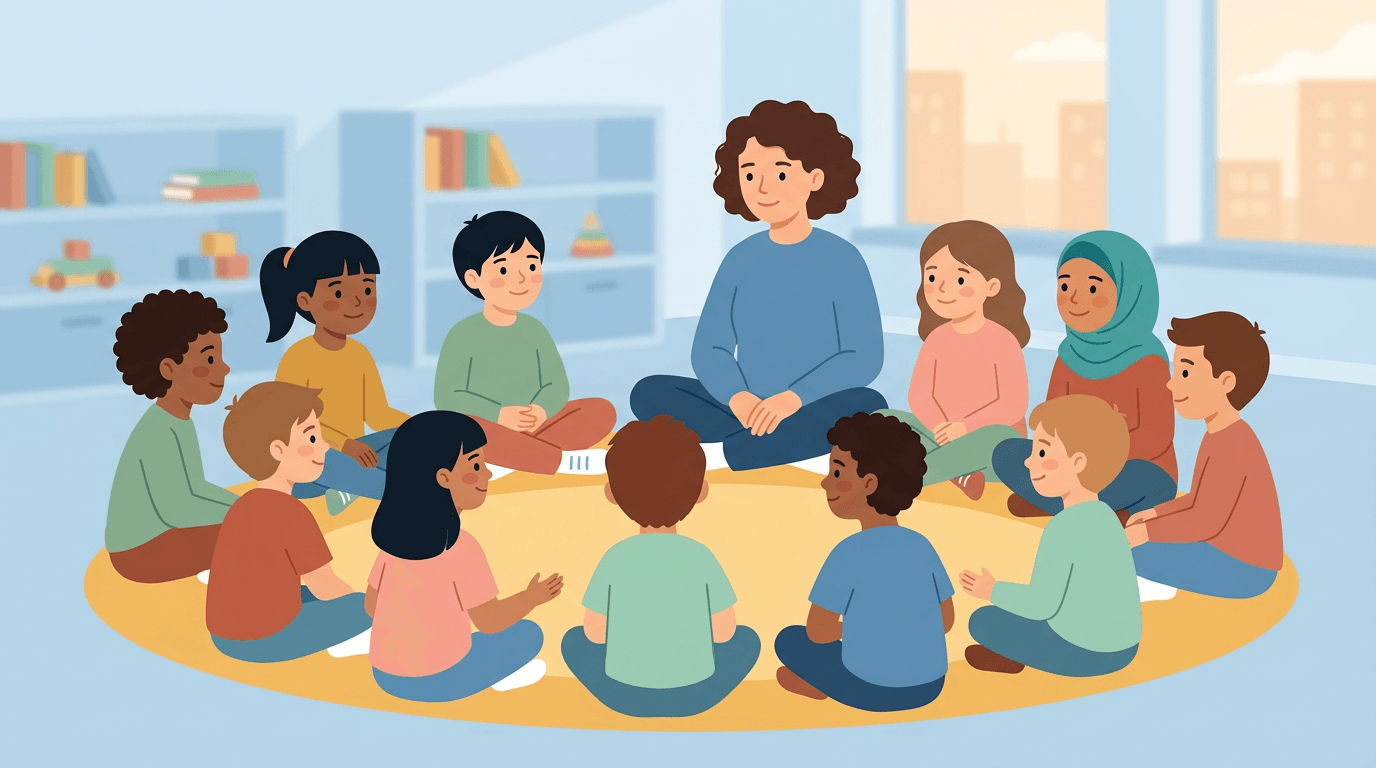 A diverse group of children and their teacher sit in a circle on a classroom floor, showing engagement and equality.
