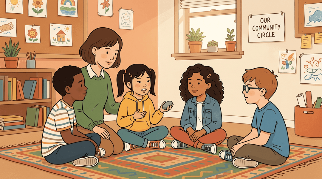 Four diverse elementary students and their teacher sit in a circle on a colorful rug, engaged in a peaceful classroom discussion.