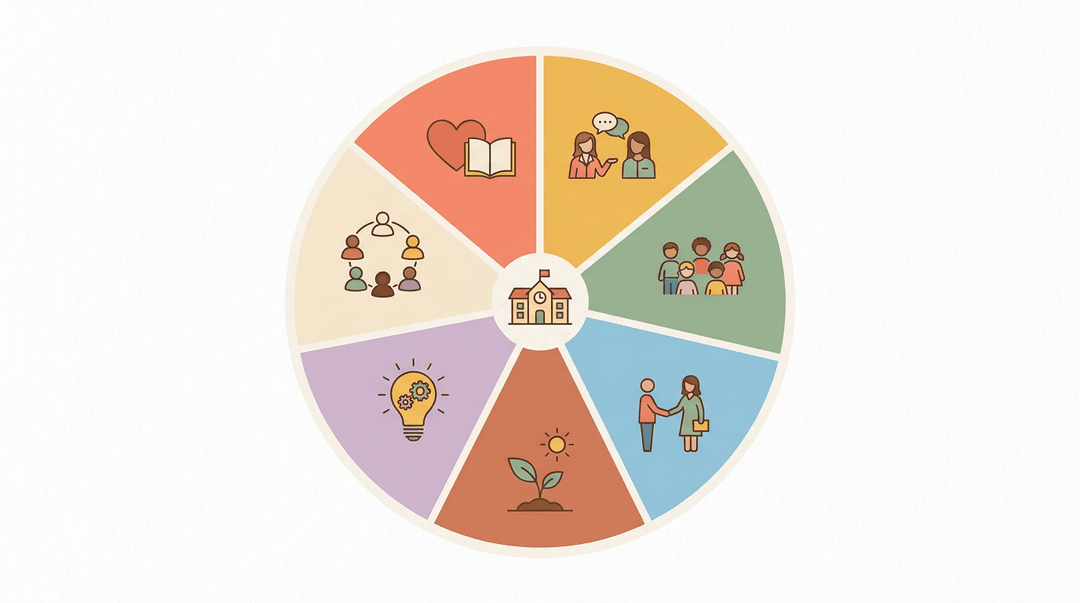 A seven-segment wheel illustrates a unified school philosophy with icons for heart-book, teachers, children, and parent-teacher handshake.