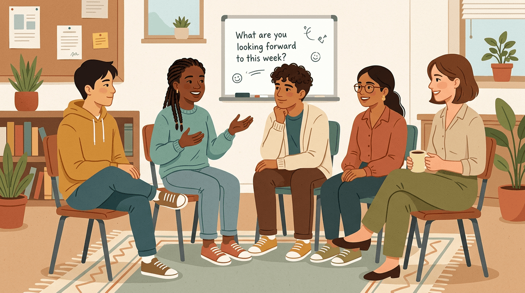 Four diverse high school students and their teacher sit in a casual circle, engaged in conversation in a warm, friendly classroom.