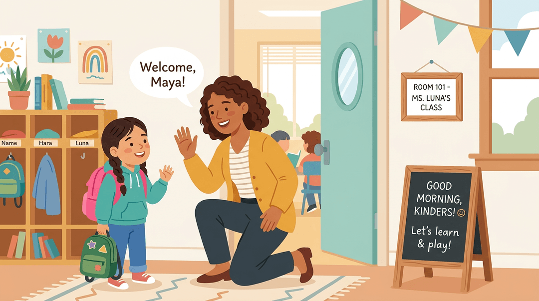A smiling teacher kneels at a classroom door, greeting a happy student with a wave as they arrive.
