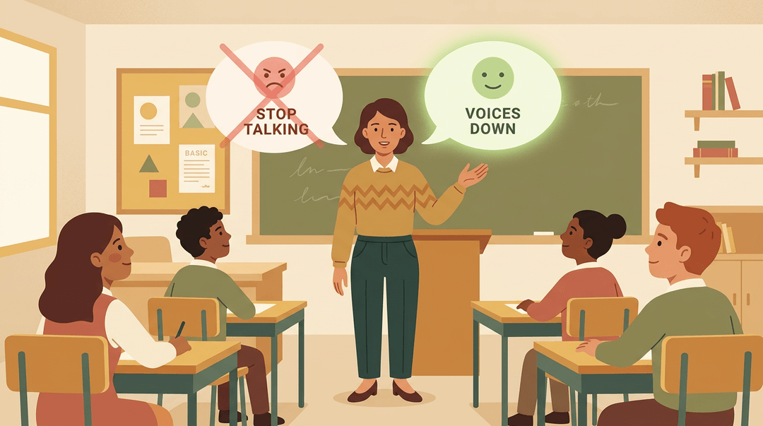 A teacher in a classroom with two speech bubbles: one crossed out with