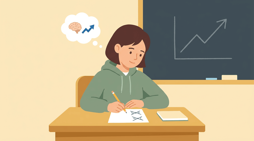A focused student quietly works on a math problem, with crossed-out attempts and a growth mindset thought bubble above their head.