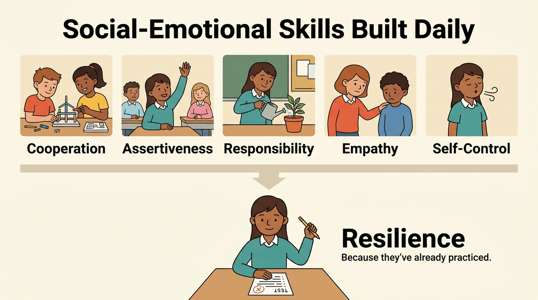 Five panels illustrate cooperation, assertiveness, responsibility, empathy, and self-control, leading to a student demonstrating resilience.