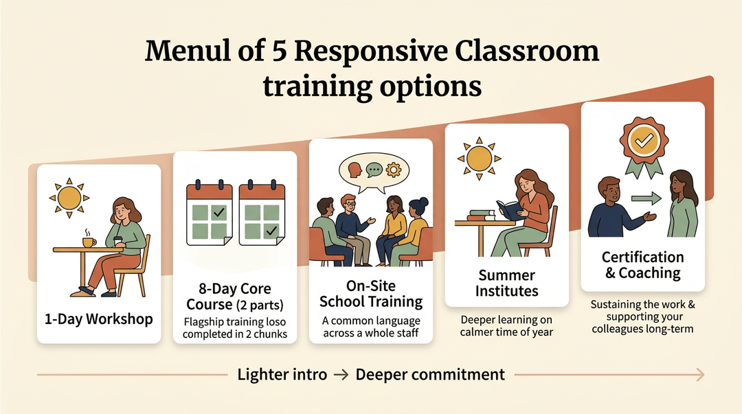 Five illustrated cards show a progression of teacher training options, from a 1-day workshop to certification and coaching.