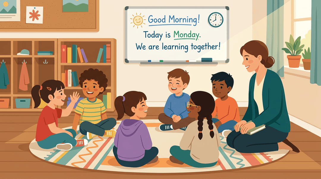 Six young children and a teacher sit in a circle on a colorful rug in a warm, sunlit elementary classroom.