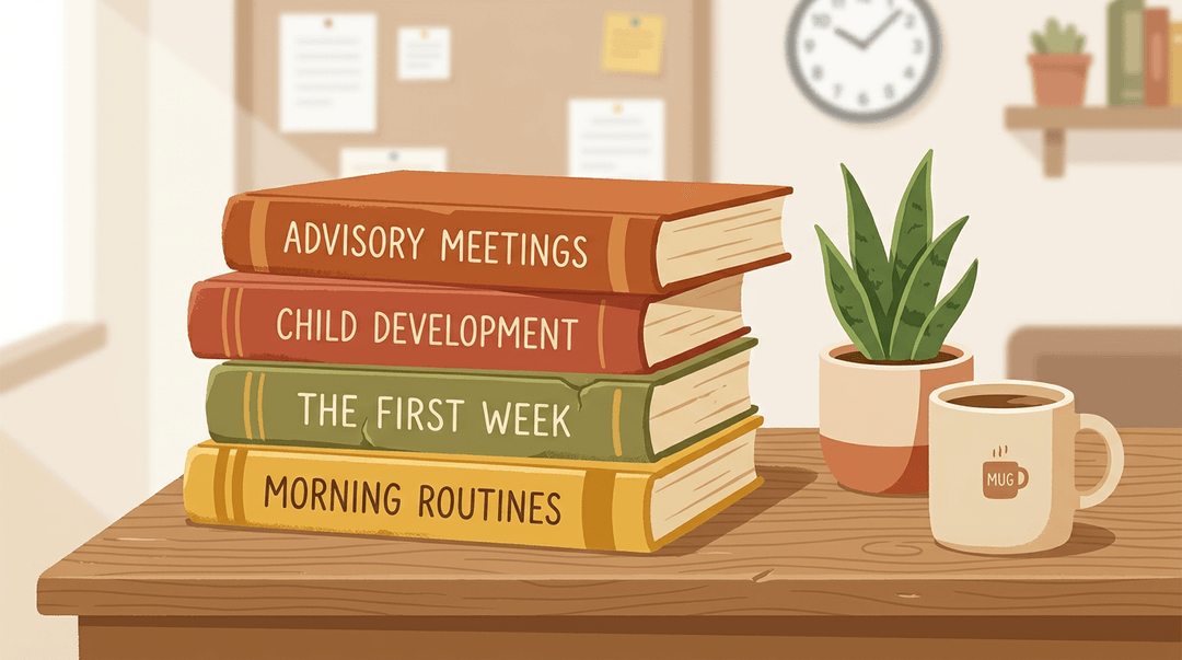 A teacher's desk corner with four stacked books, a small plant, and a coffee mug, conveying a calm workspace.