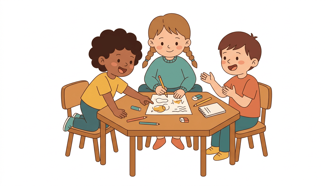 Three children collaborate around a hexagonal table, one pointing, one holding a pencil, and one gesturing with open hands.
