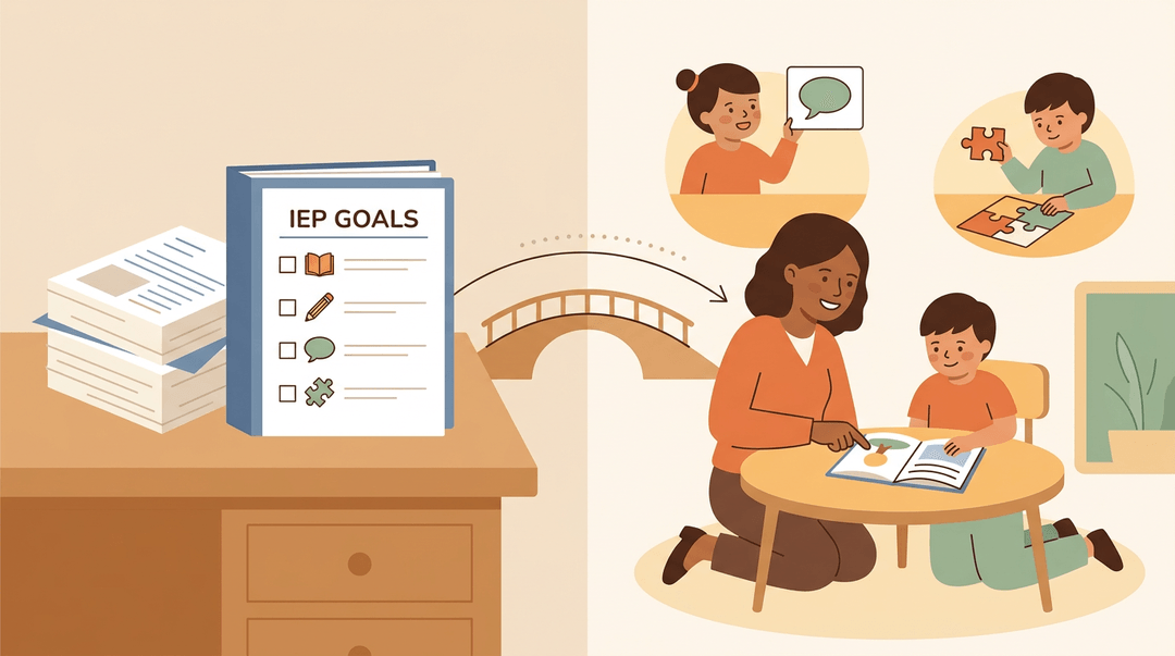 A flat vector illustration shows IEP goals on a binder transforming into active classroom scenes with students and teachers.