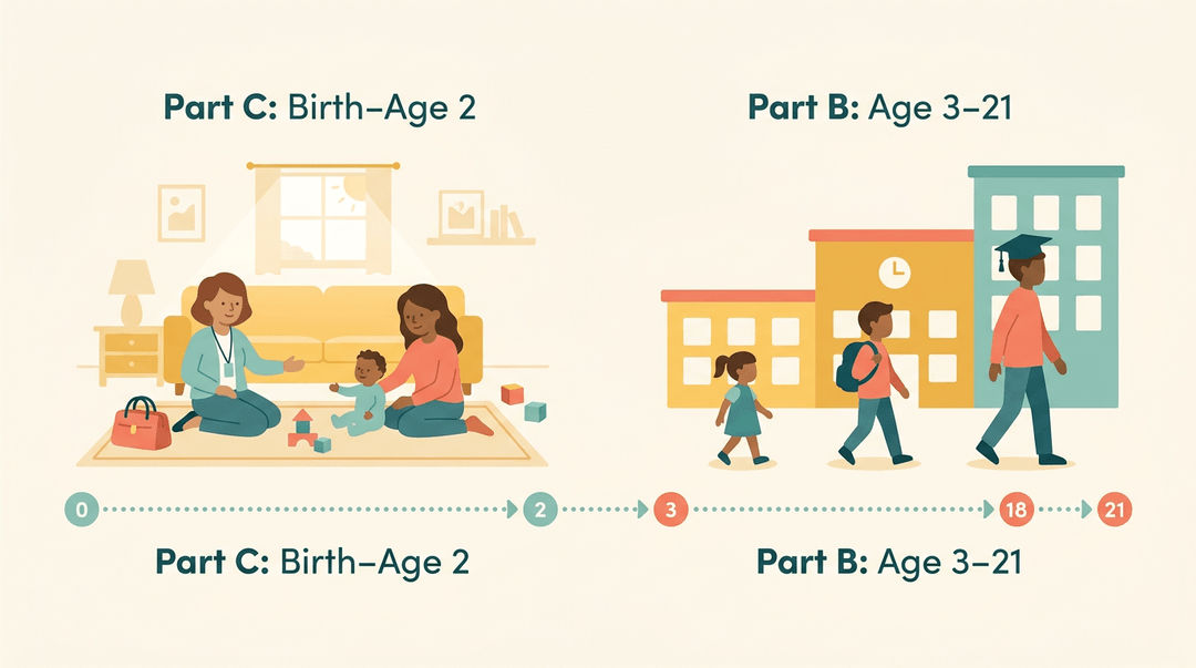 Timeline comparing home-based early intervention for ages 0-2 with school-based education from age 3 to graduation at 21.