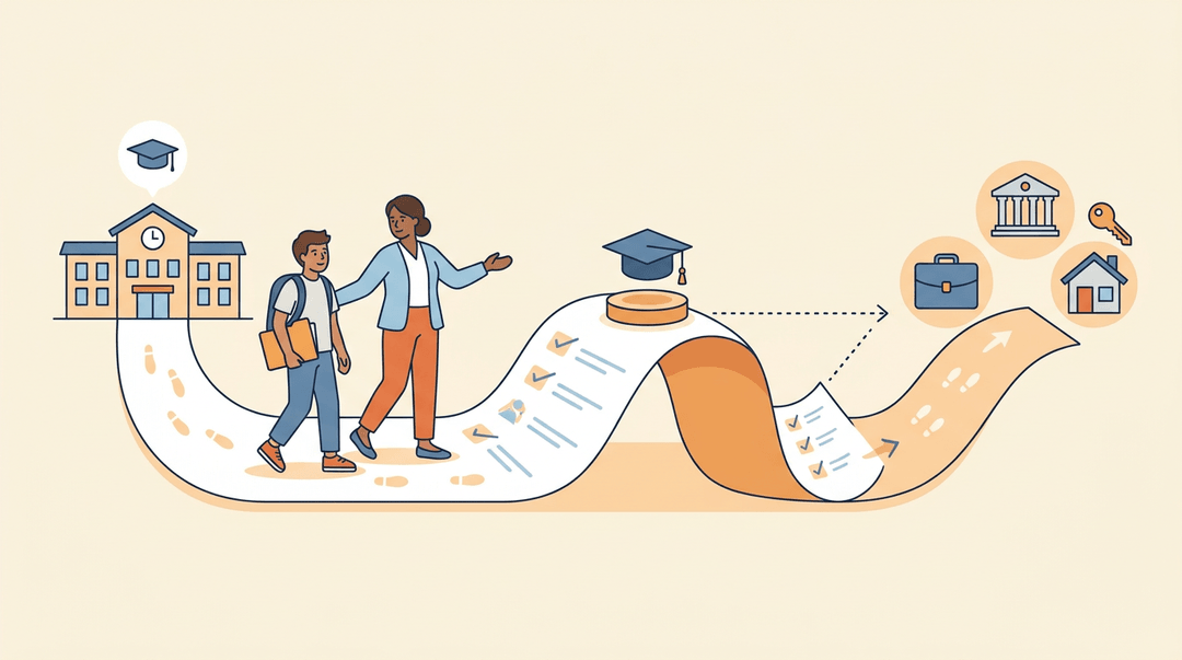 Teen walks a checklist path from school to future icons, guided by a mentor past graduation toward career and independence.