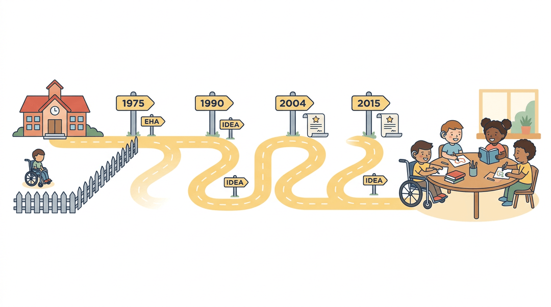 Timeline showing progress from exclusion to inclusion in education, marked by laws EHA and IDEA.