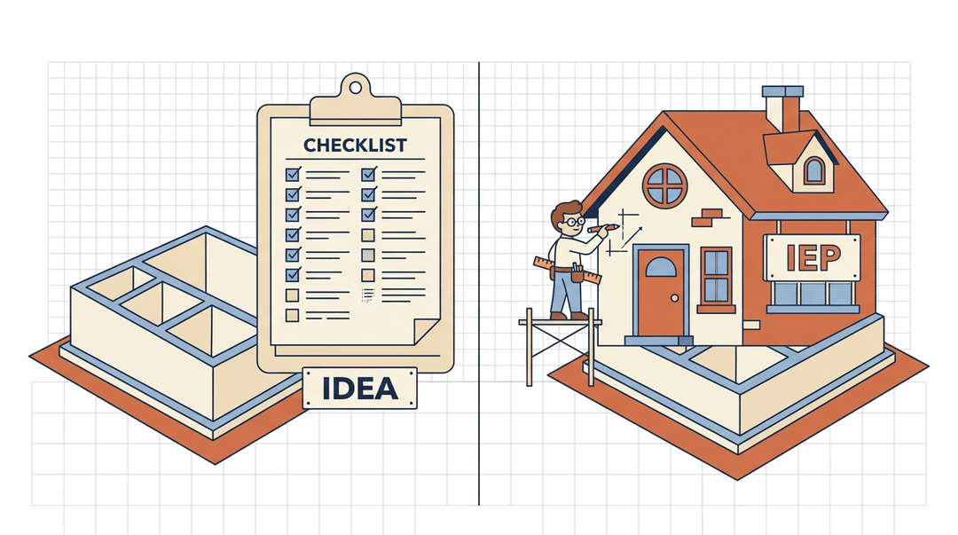 A blueprint house foundation labeled IDEA supports a custom-built home labeled IEP, illustrating legal standards as the base for personalized education.
