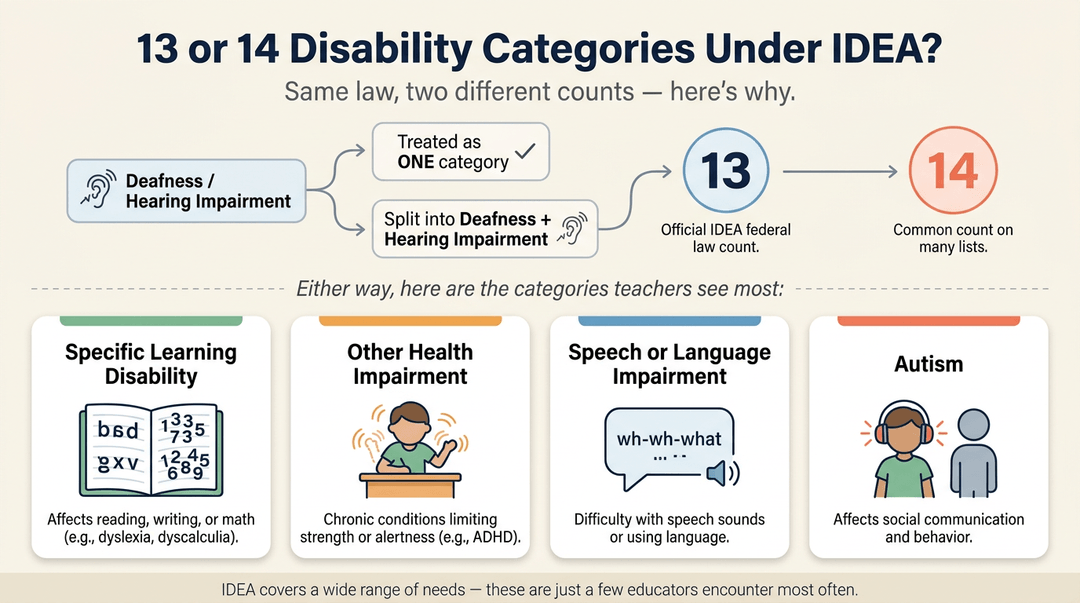 Infographic explaining 13 vs 14 IDEA disability categories with icons for learning, health, speech, and autism.