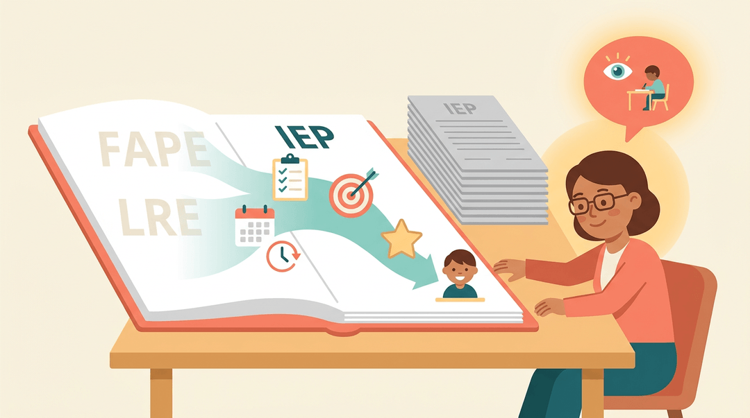 A teacher observes an IEP binder where abstract legal terms transform into concrete icons, highlighting her unique insight over generic forms.