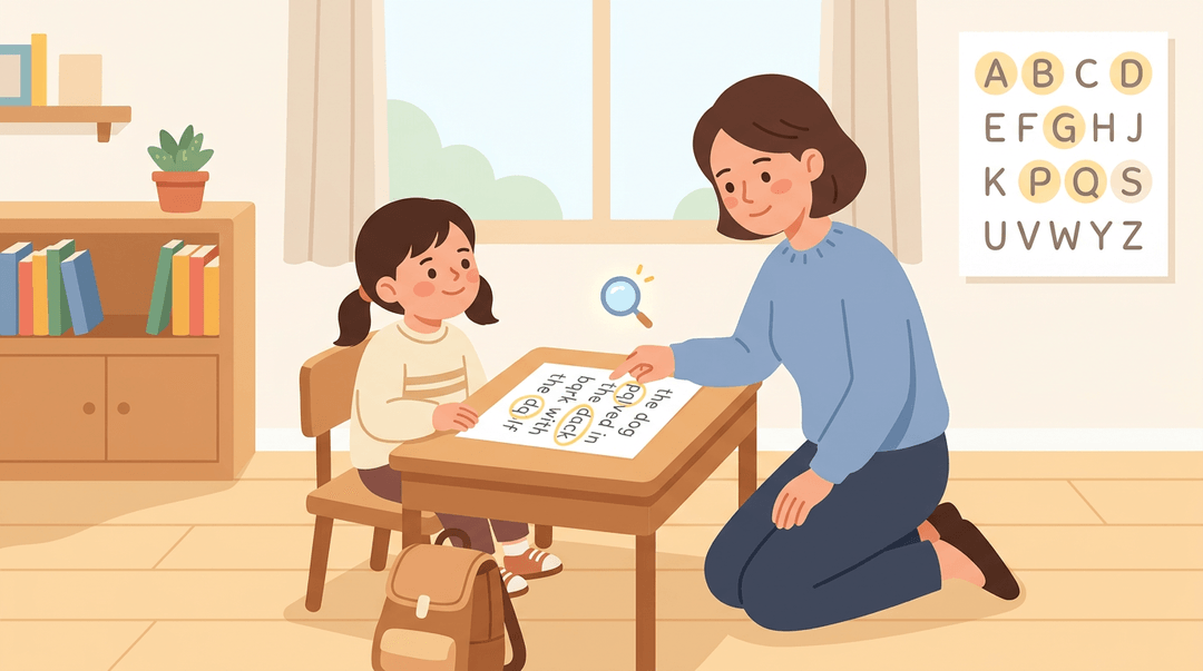 A teacher gently points out reversed letters on a student's paper, highlighting early signs of dyslexia in a warm classroom.