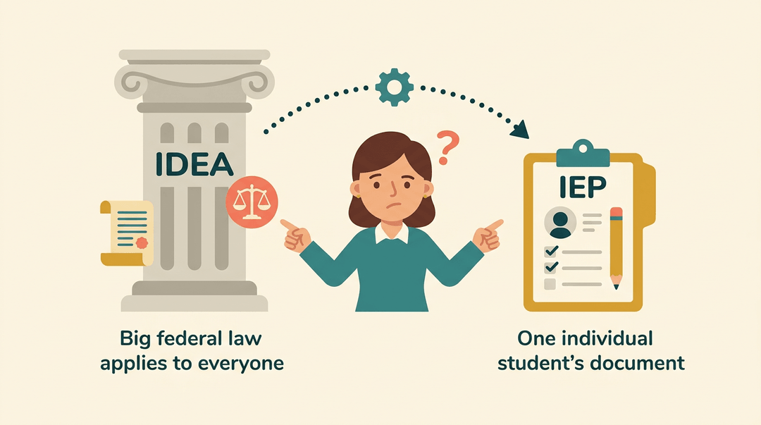 A teacher stands between a pillar labeled 'IDEA' and an 'IEP' folder, illustrating how federal law creates individual student plans.