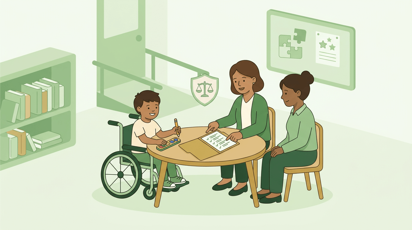 Teacher and specialist review an IEP with a student in a wheelchair, symbolizing inclusive support and legal guidance.