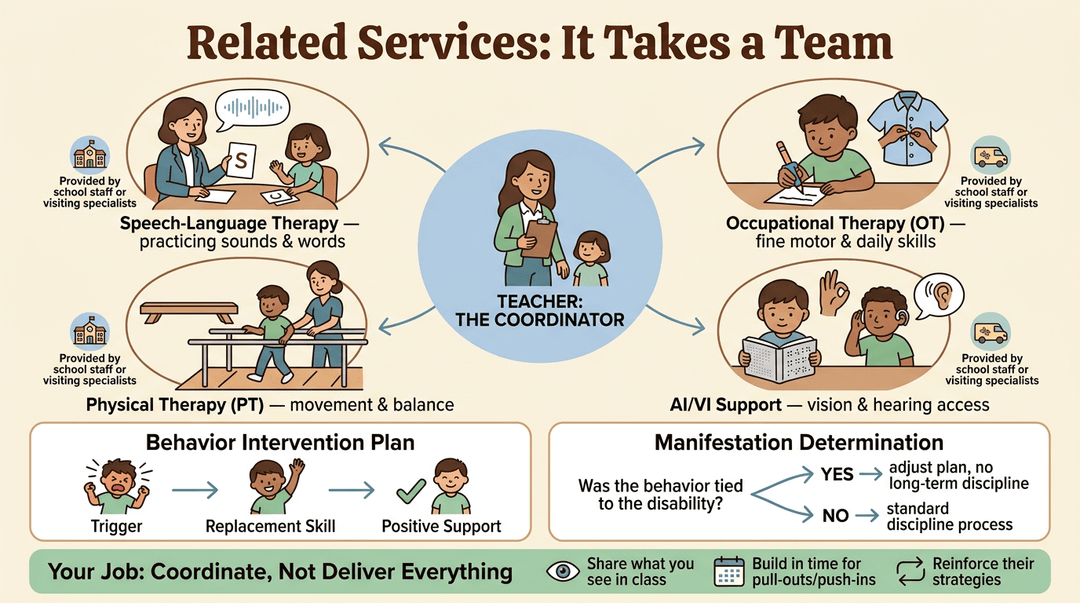 Diagram showing teachers coordinating with therapists and specialists to support student learning, behavior plans, and accessibility needs.