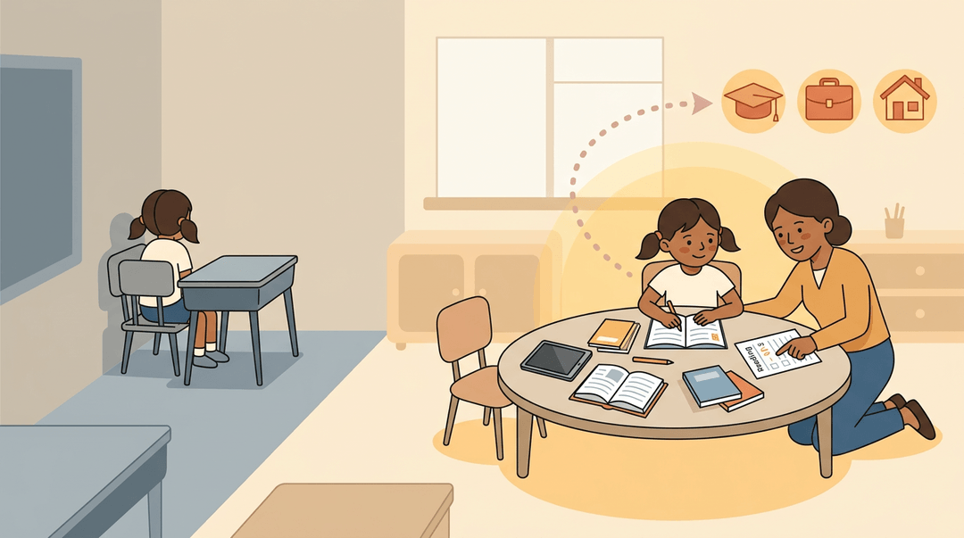 A girl transitions from isolation to inclusive learning with teacher support, symbolizing a hopeful future.