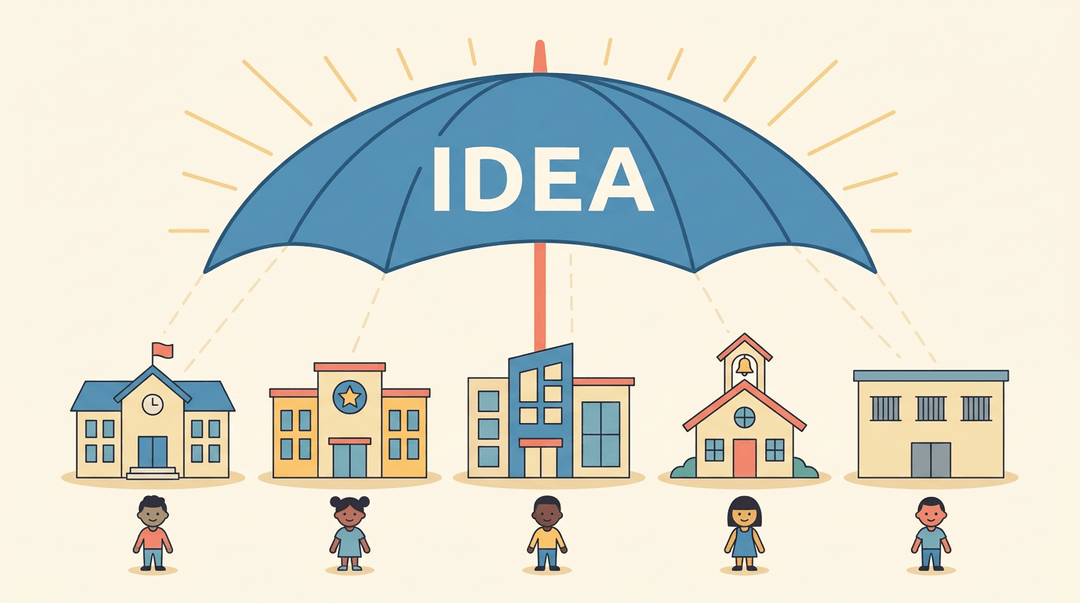 An umbrella labeled 'IDEA' shelters five diverse school buildings and children, symbolizing inclusive legal protection for all students.