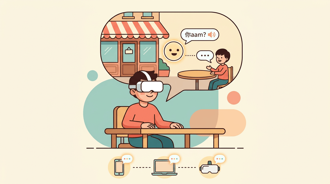 Student in VR headset connects with an AI tutor avatar in a simulated Parisian café, accessible across multiple devices.