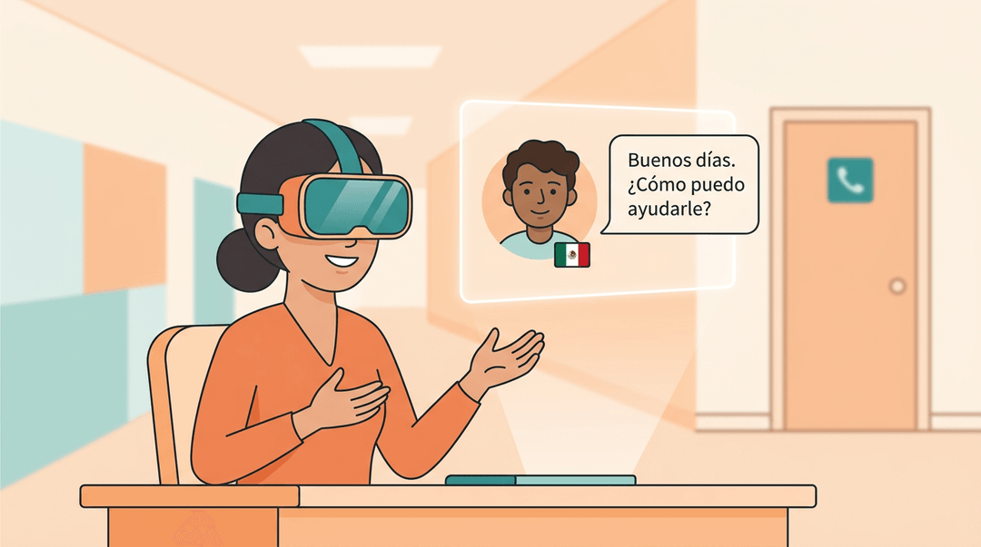 A sales associate in a VR headset practices Spanish phrases with a holographic avatar, building confidence for real calls.