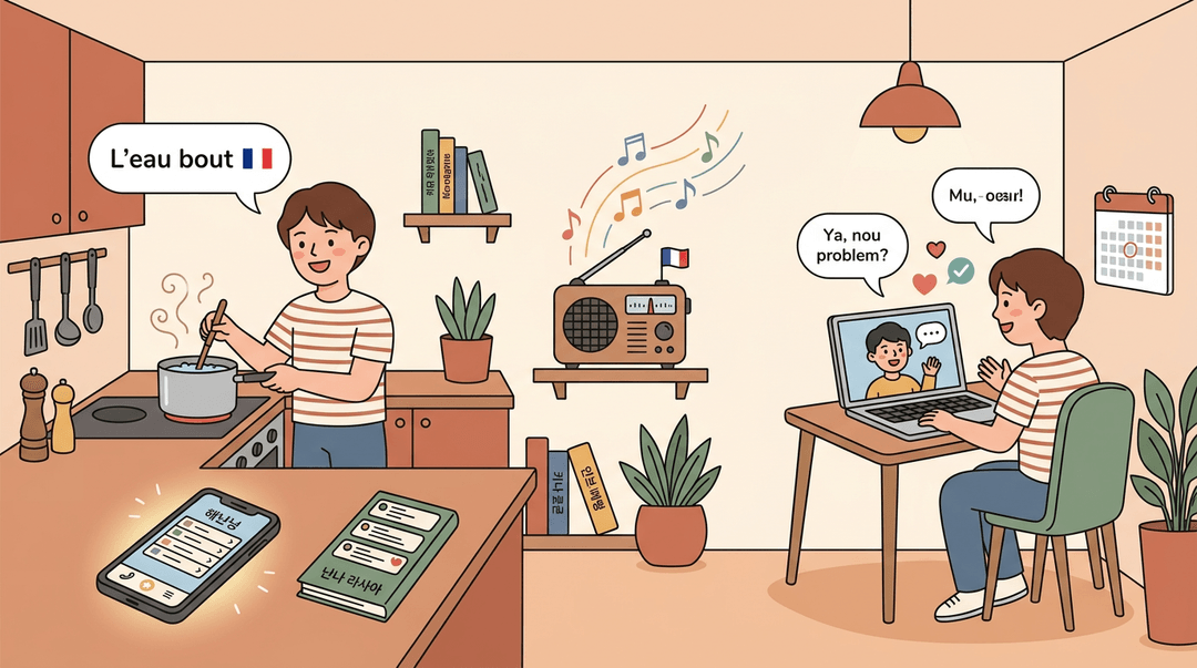 A person immerses in French via cooking, radio, and video calls in a cozy open-plan home.